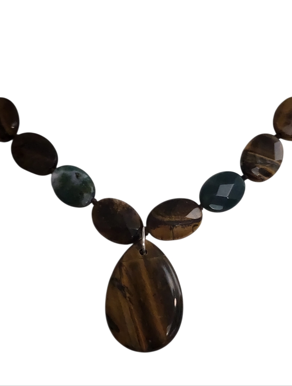 Tiger's Eye Moss Agate Teardrop Pendant Necklace